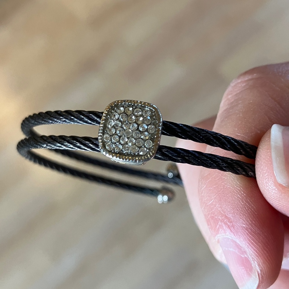Black and Silver Cable Bracelet with Crystal Accent